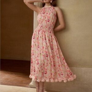 MOTF Pink Floral Midi Dress with Smocked Waist